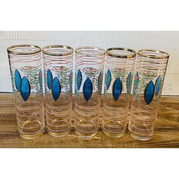 Set of 5 Vintage Mid Century Floral Gold Rimmed High Ball Glasses 7" Tall - Picture 1 of 14